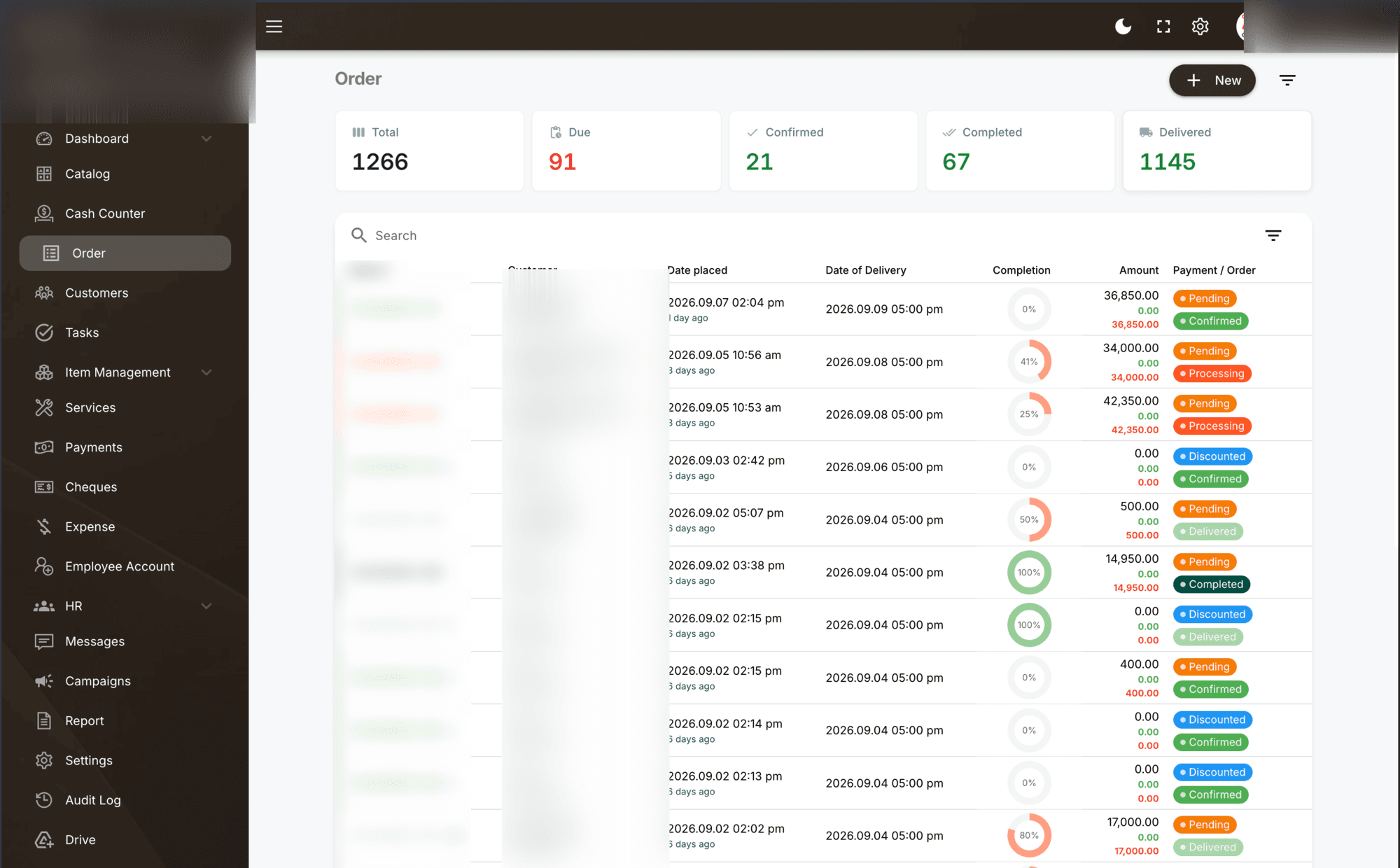 Macra orders screen — every order with customer, dates, completion and payment status