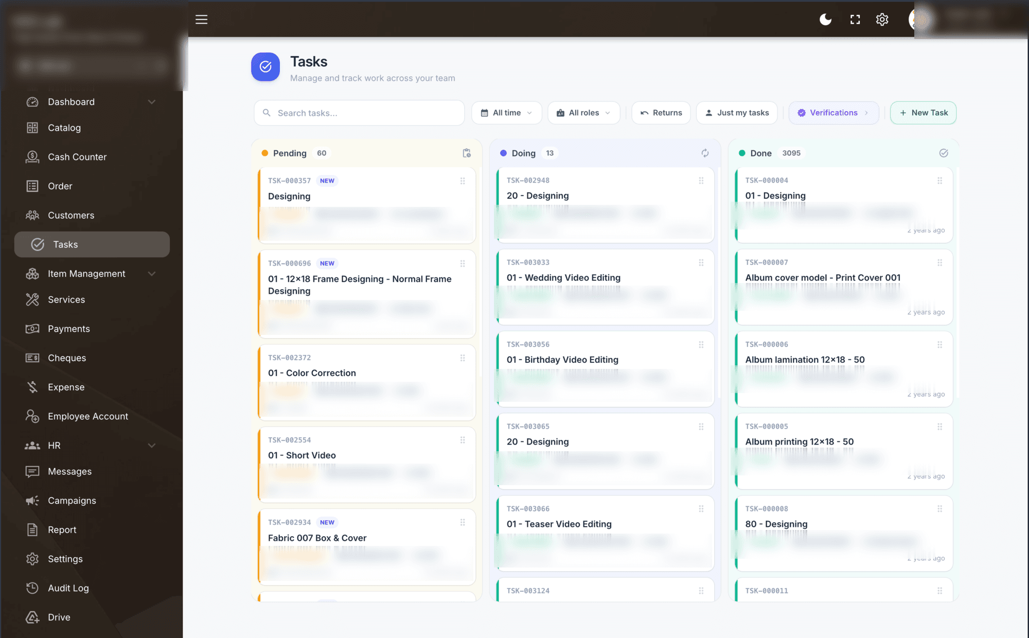 Macra task board — job tickets moving through Pending, Doing and Done by role